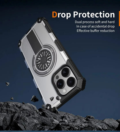 Heavy Duty Magnetic Armor iPhone Case with Kickstand & Spin Wheel - Grey