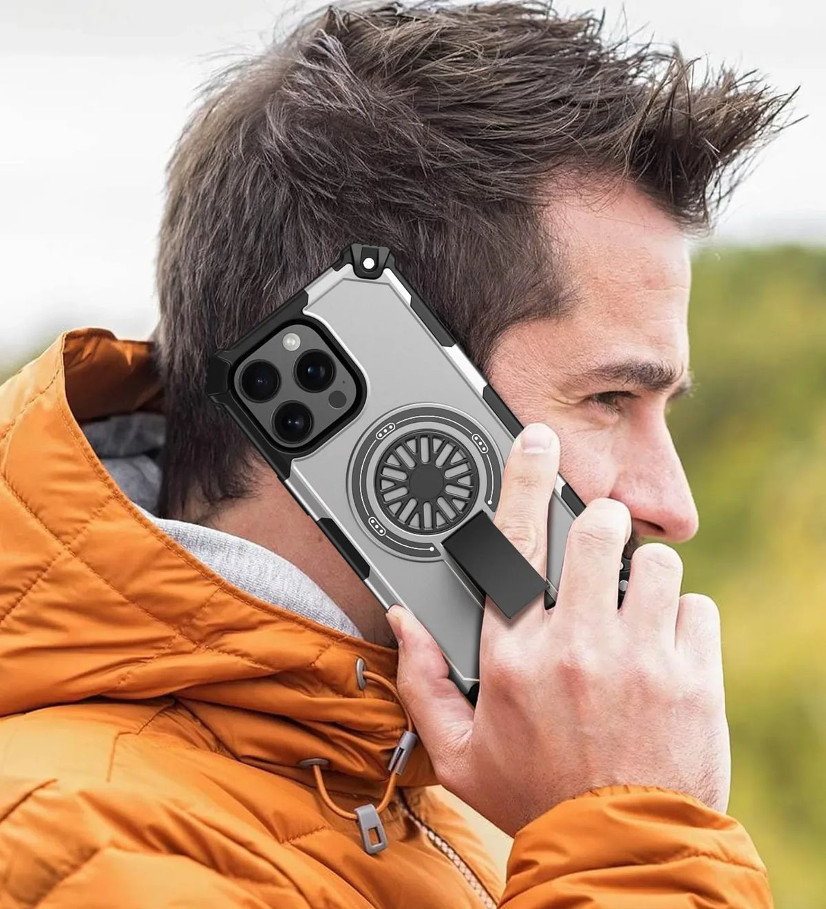 Heavy Duty Magnetic Armor iPhone Case with Kickstand & Spin Wheel - Grey