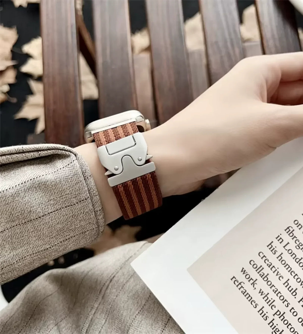 Parachute-Buckle Striped Nylon Apple Watch Band – Brown