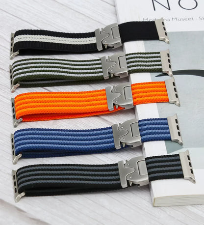 Parachute-Buckle Striped Nylon Apple Watch Band – Olive Green