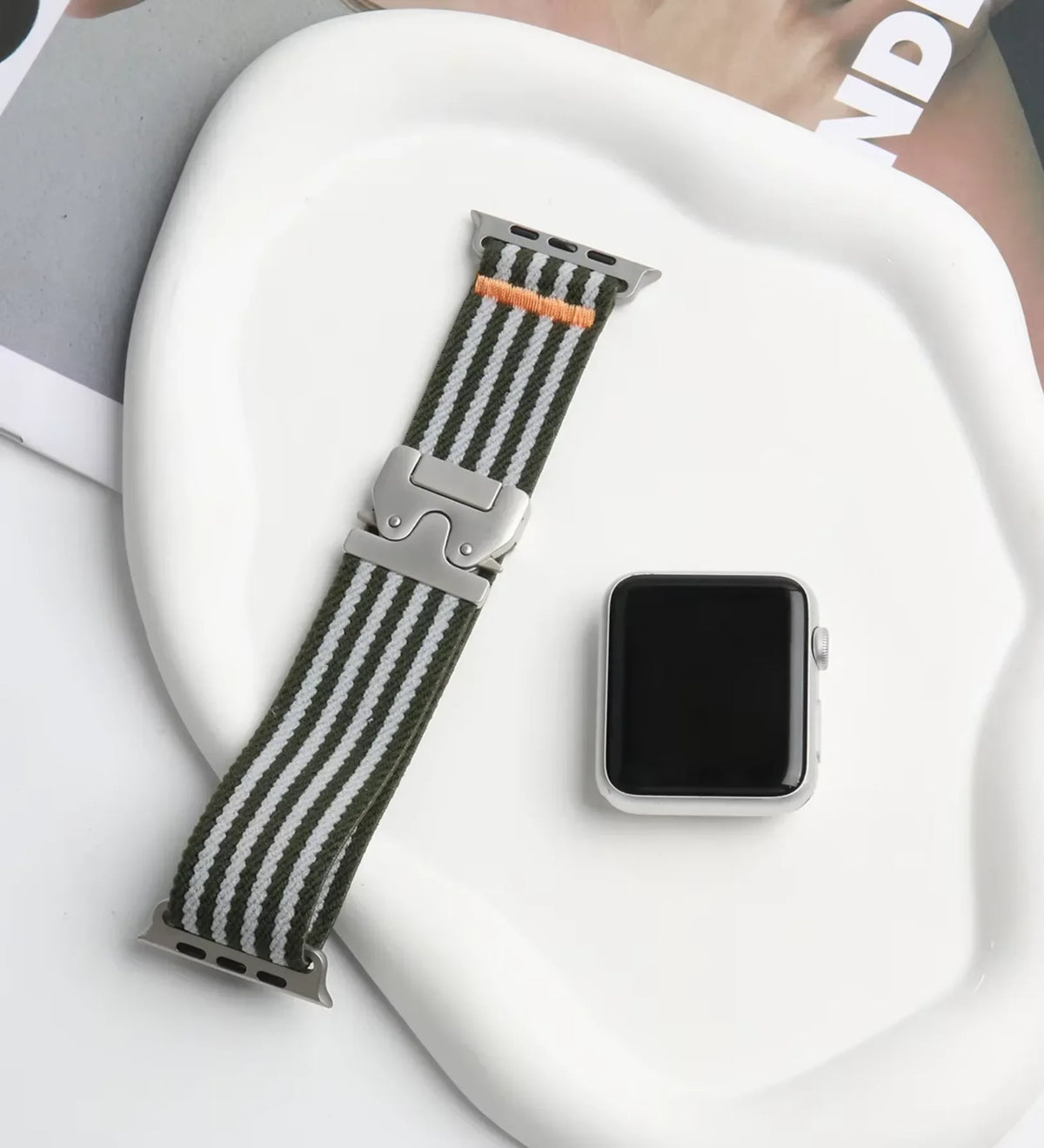 Parachute-Buckle Striped Nylon Apple Watch Band – Olive Green