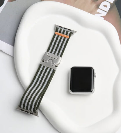 Parachute-Buckle Striped Nylon Apple Watch Band – Olive Green