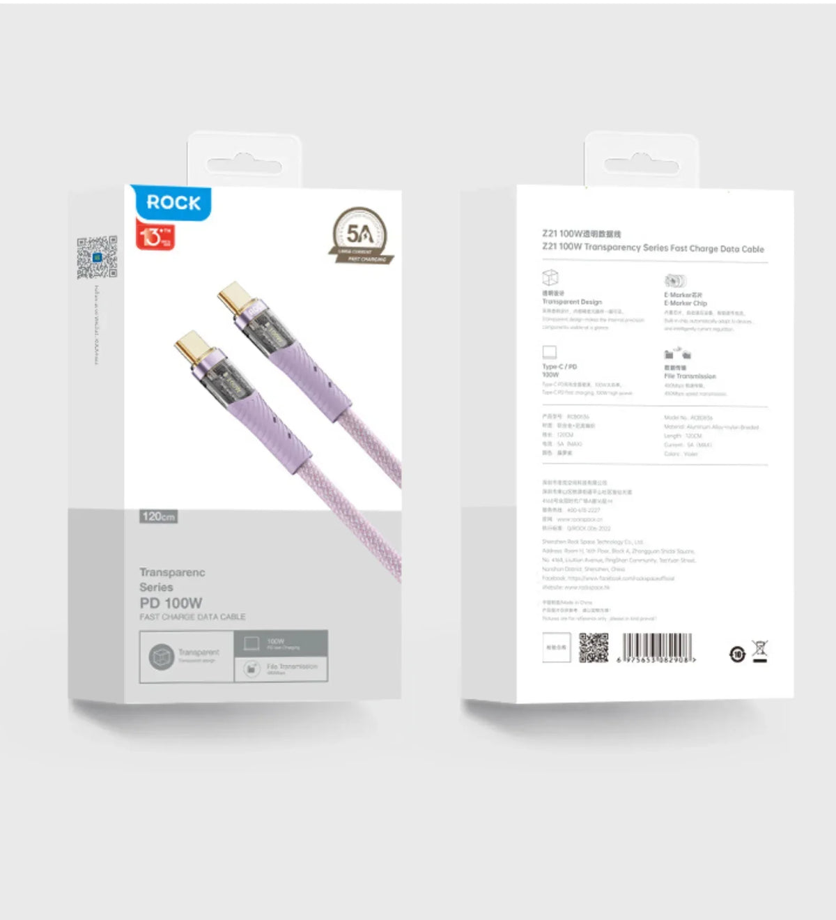 ROCK Z21 100W Transparent USB-C to USB-C Cable – Fast Charging & Data Transfer (1.2m)