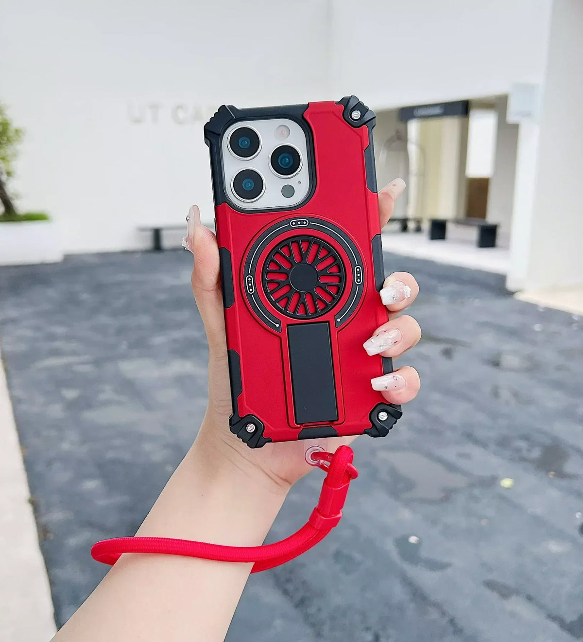 Heavy Duty Magnetic Armor iPhone Case with Kickstand & Spin Wheel - Red