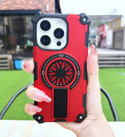 Heavy Duty Magnetic Armor iPhone Case with Kickstand & Spin Wheel - Red