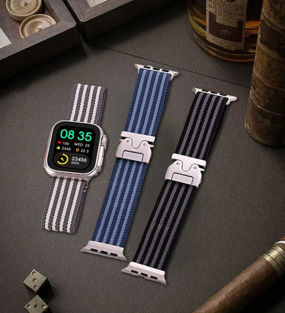 Parachute-Buckle Striped Nylon Apple Watch Band – Brown