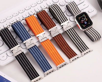 Parachute-Buckle Striped Nylon Apple Watch Band – Olive Green