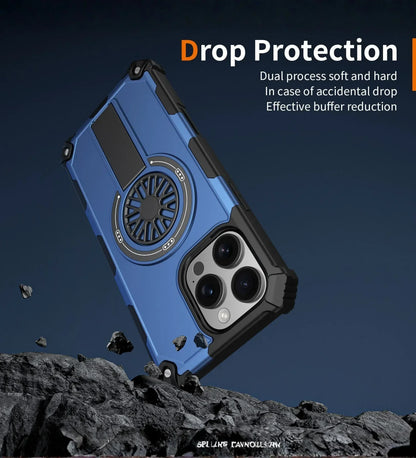 Heavy Duty Magnetic Armor iPhone Case with Kickstand & Spin Wheel - Blue