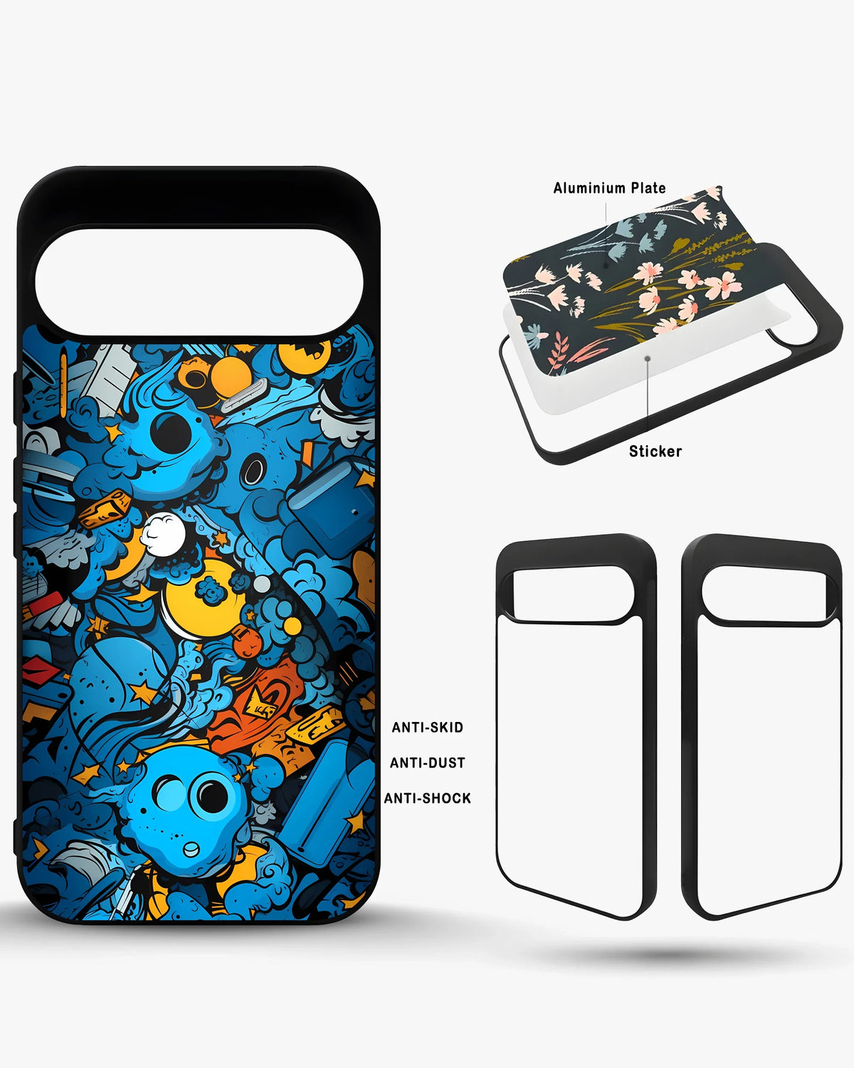 Blue Doodle Art Phone Case - Playful Cartoon Collage Print for iPhone, Samsung, Pixel, OnePlus & Vivo