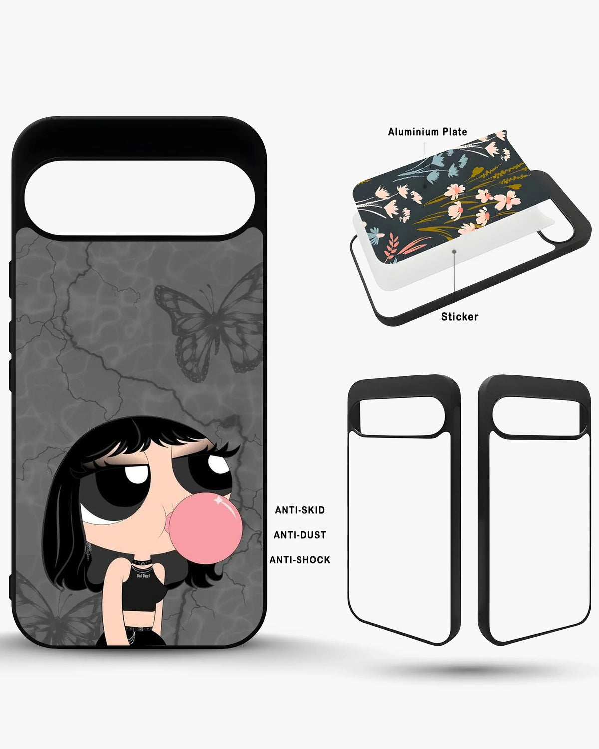 Bubblegum Cartoon Girl Phone Case - Cute Gray & Pink Print for iPhone, Samsung, Pixel, OnePlus & Vivo