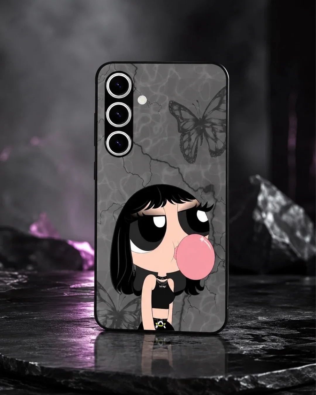 Bubblegum Cartoon Girl Phone Case - Cute Gray & Pink Print for iPhone, Samsung, Pixel, OnePlus & Vivo