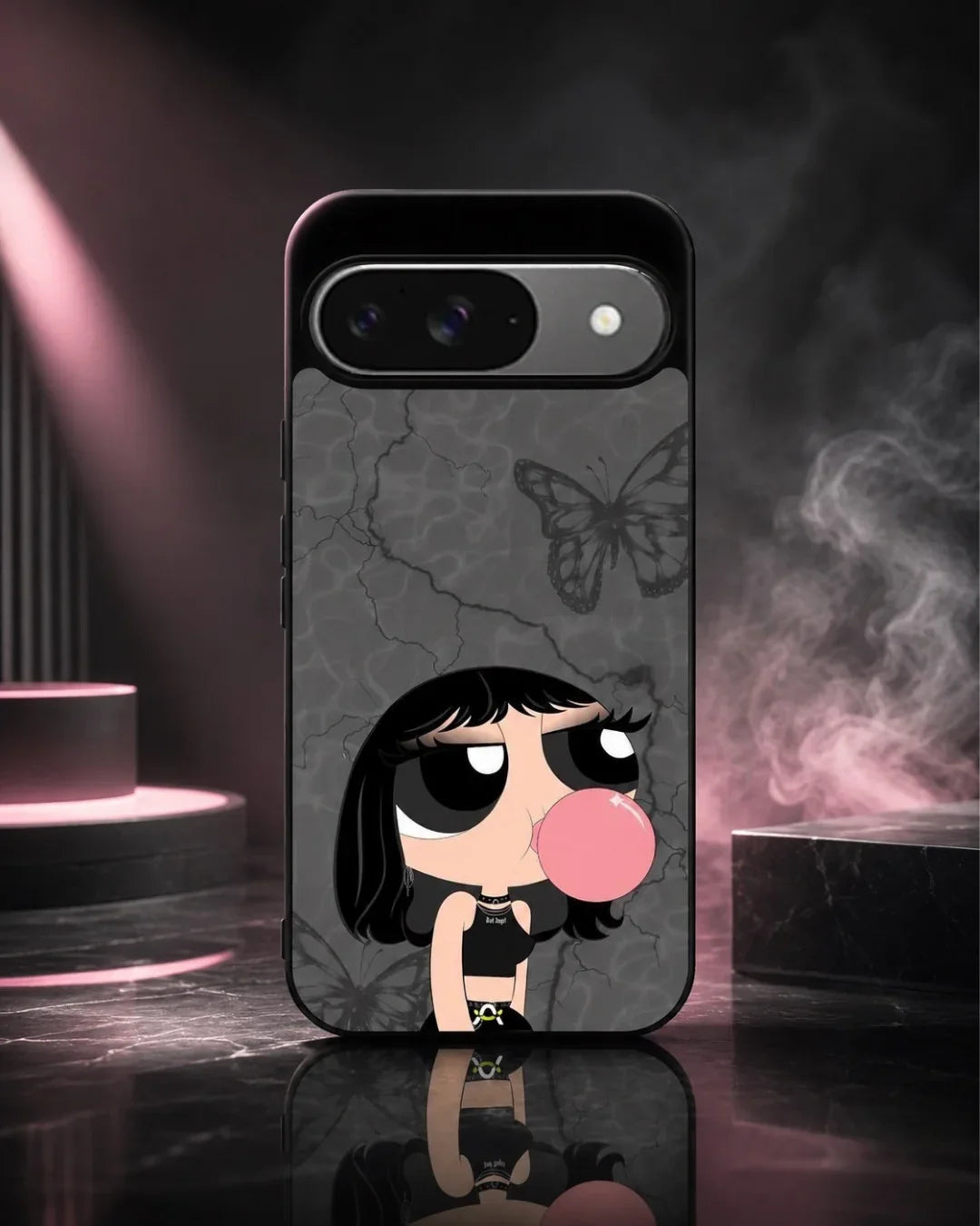 Bubblegum Cartoon Girl Phone Case - Cute Gray & Pink Print for iPhone, Samsung, Pixel, OnePlus & Vivo