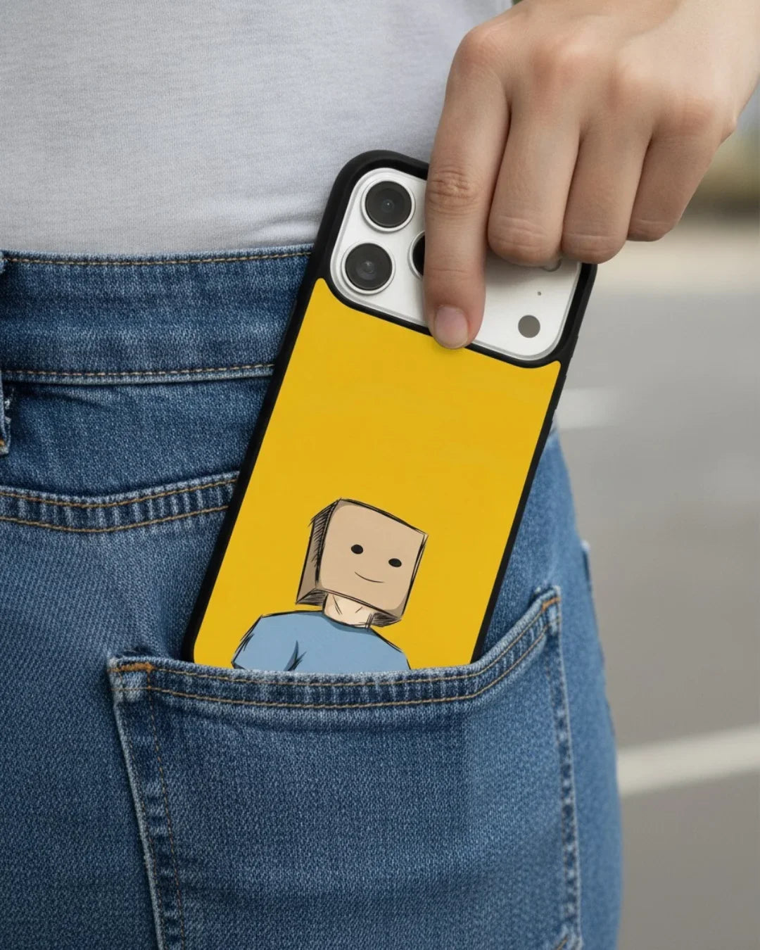 Cartoon Box Person Phone Case - Quirky Yellow & Blue Print for iPhone, Samsung, Pixel, OnePlus & Vivo