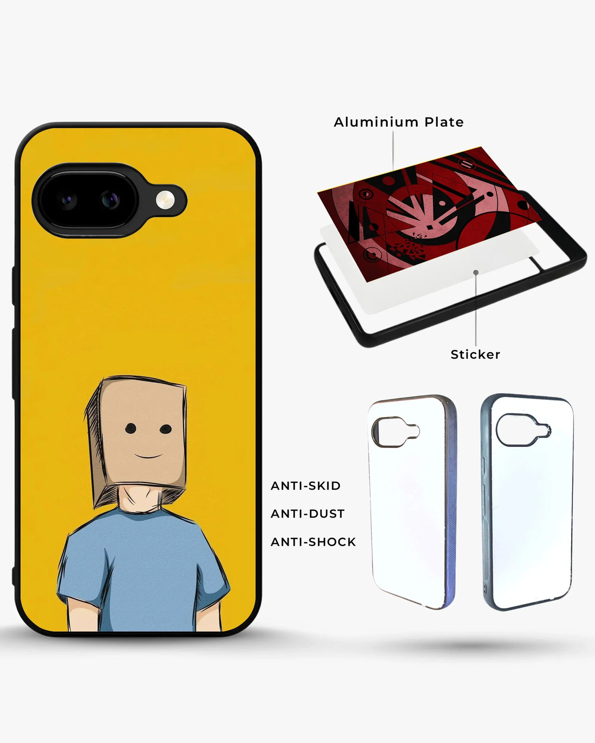 Cartoon Box Person Phone Case - Quirky Yellow & Blue Print for iPhone, Samsung, Pixel, OnePlus & Vivo