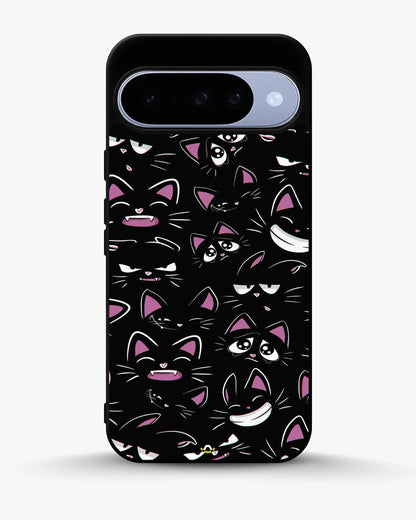 Cartoon Cat Faces Phone Case - Cute Black & Pink Print for iPhone, Samsung, Pixel, OnePlus & Vivo