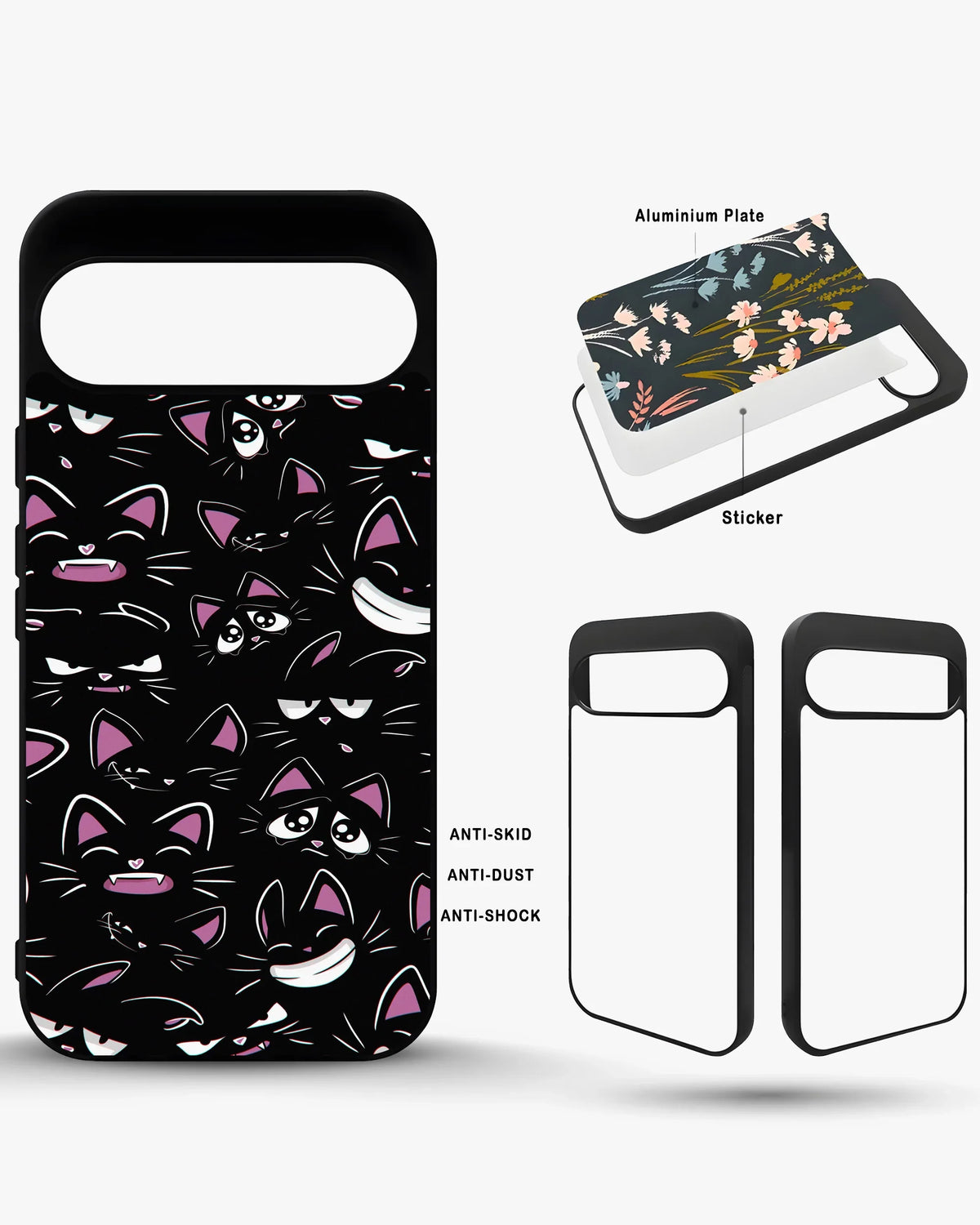 Cartoon Cat Faces Phone Case - Cute Black & Pink Print for iPhone, Samsung, Pixel, OnePlus & Vivo