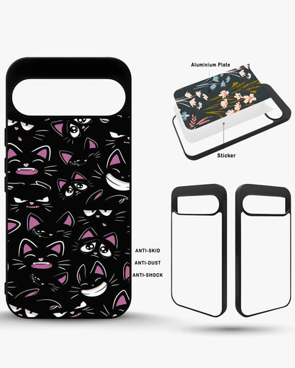 Cartoon Cat Faces Phone Case - Cute Black & Pink Print for iPhone, Samsung, Pixel, OnePlus & Vivo