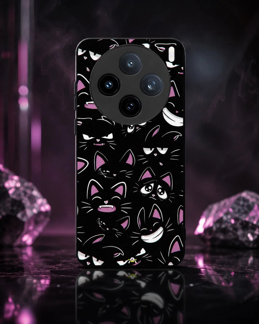 Cartoon Cat Faces Phone Case - Cute Black & Pink Print for iPhone, Samsung, Pixel, OnePlus & Vivo
