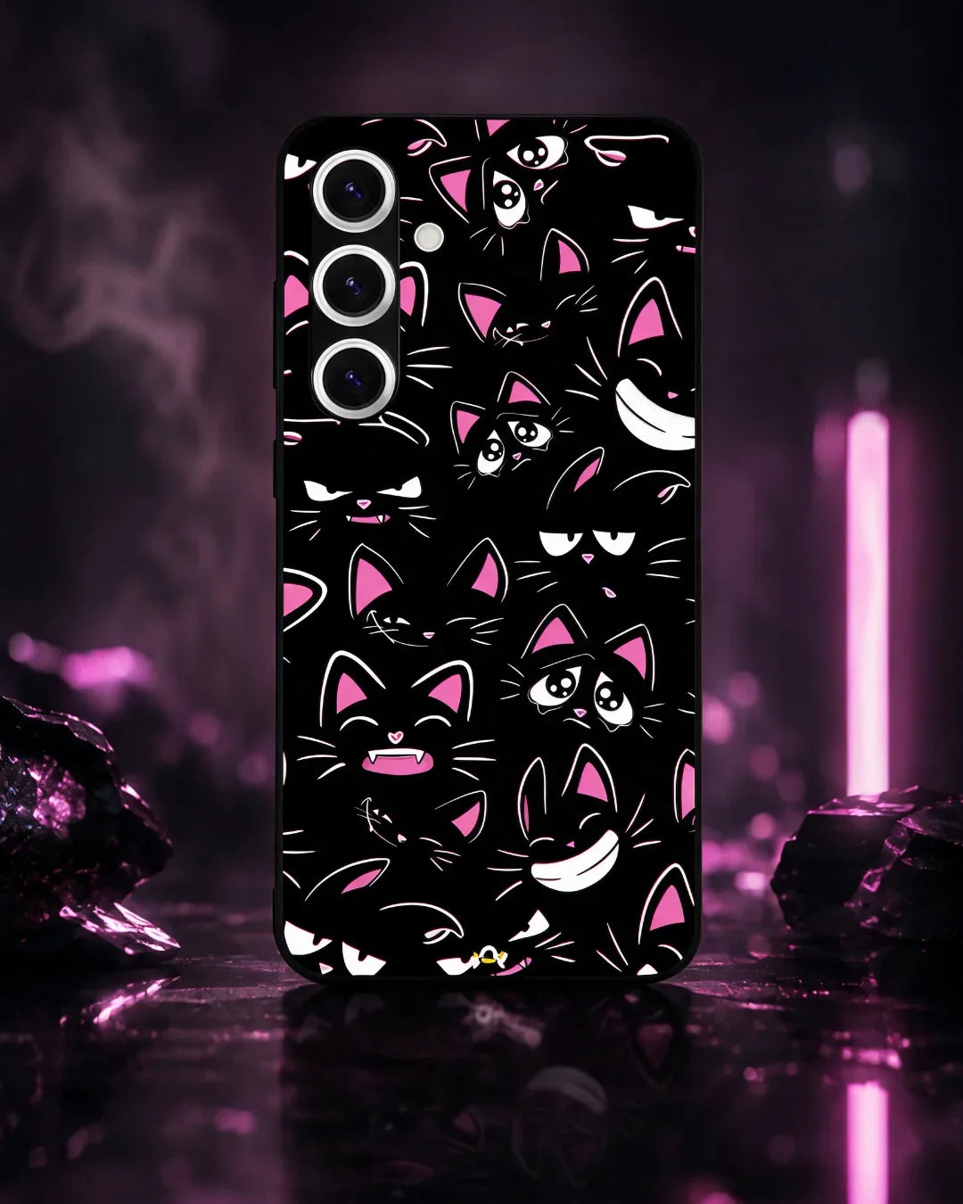Cartoon Cat Faces Phone Case - Cute Black & Pink Print for iPhone, Samsung, Pixel, OnePlus & Vivo