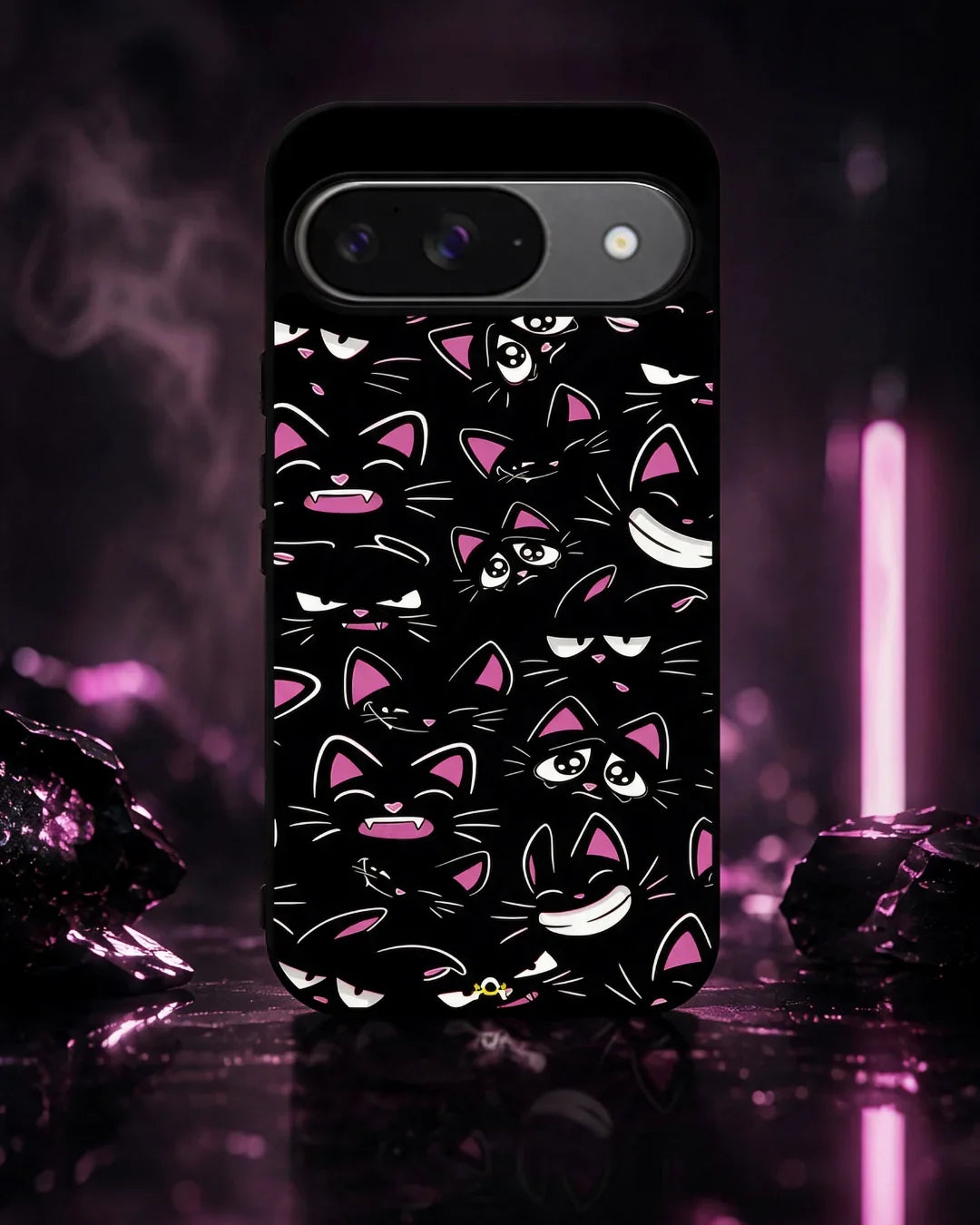 Cartoon Cat Faces Phone Case - Cute Black & Pink Print for iPhone, Samsung, Pixel, OnePlus & Vivo