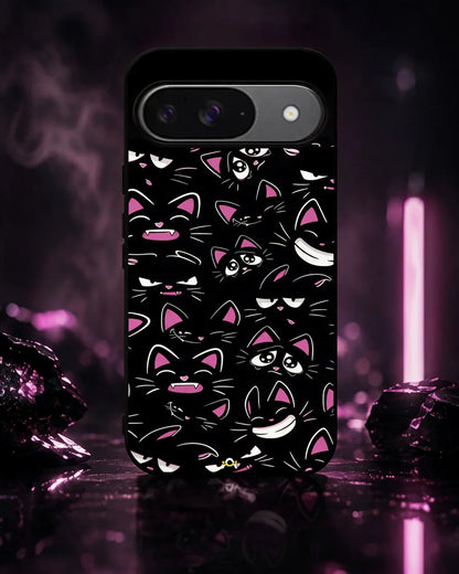 Cartoon Cat Faces Phone Case - Cute Black & Pink Print for iPhone, Samsung, Pixel, OnePlus & Vivo