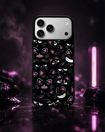 Cartoon Cat Faces Phone Case - Cute Black & Pink Print for iPhone, Samsung, Pixel, OnePlus & Vivo