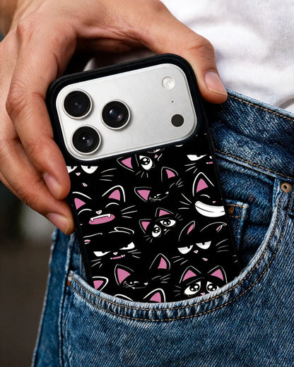 Cartoon Cat Faces Phone Case - Cute Black & Pink Print for iPhone, Samsung, Pixel, OnePlus & Vivo