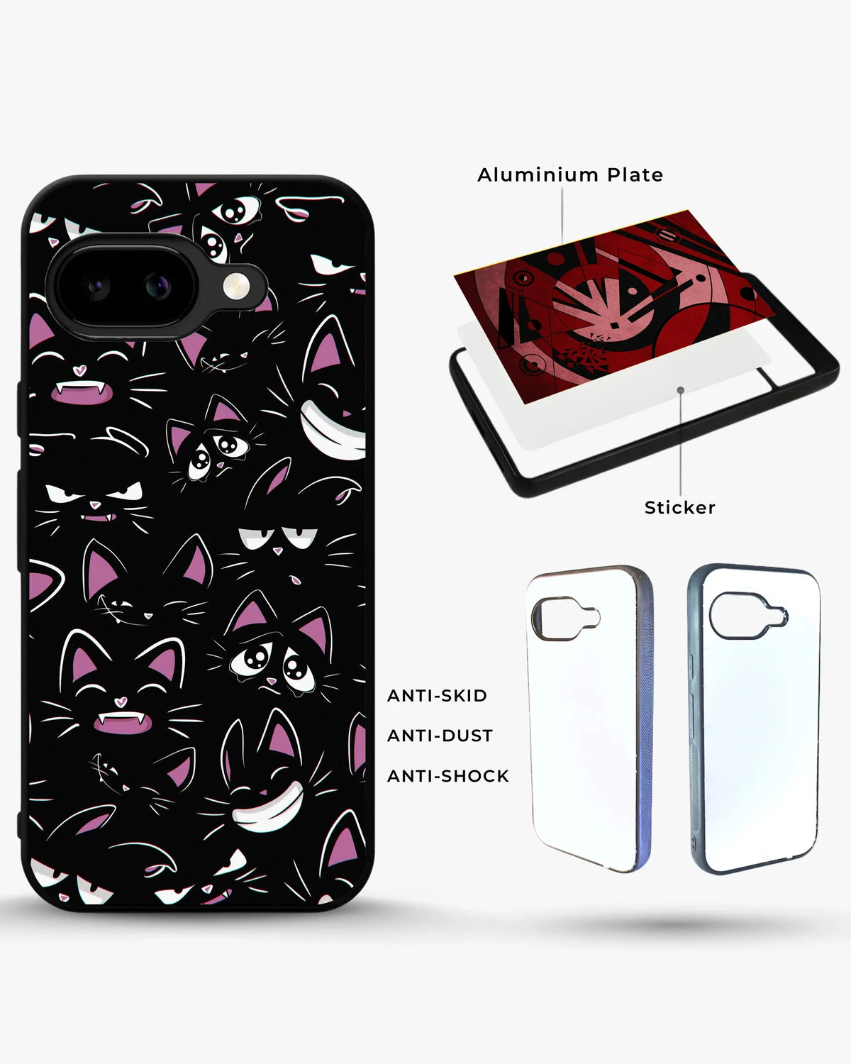Cartoon Cat Faces Phone Case - Cute Black & Pink Print for iPhone, Samsung, Pixel, OnePlus & Vivo