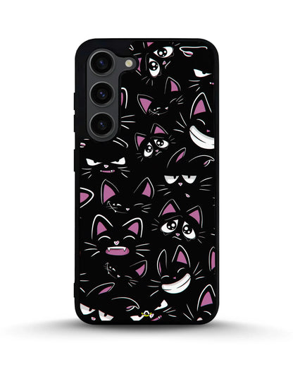 Cartoon Cat Faces Phone Case - Cute Black & Pink Print for iPhone, Samsung, Pixel, OnePlus & Vivo