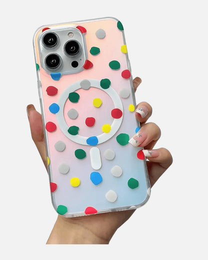 MagSafe Case – iPhone 13/14/15/16E Series – Colorful Polka Dot Holographic Glitter – Shockproof Cover for Women & Girls