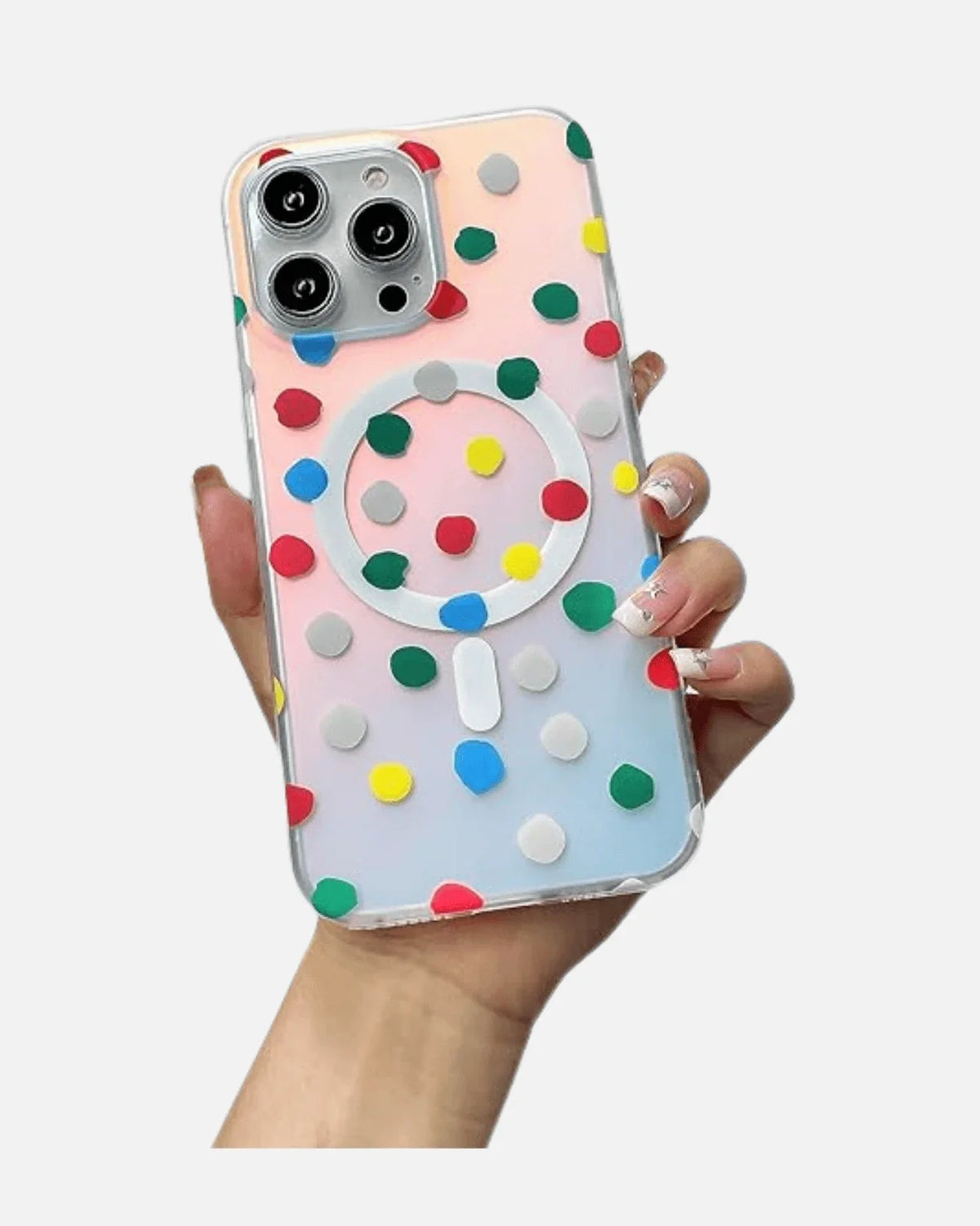 MagSafe Case – iPhone 13/14/15/16E Series – Colorful Polka Dot Holographic Glitter – Shockproof Cover for Women & Girls