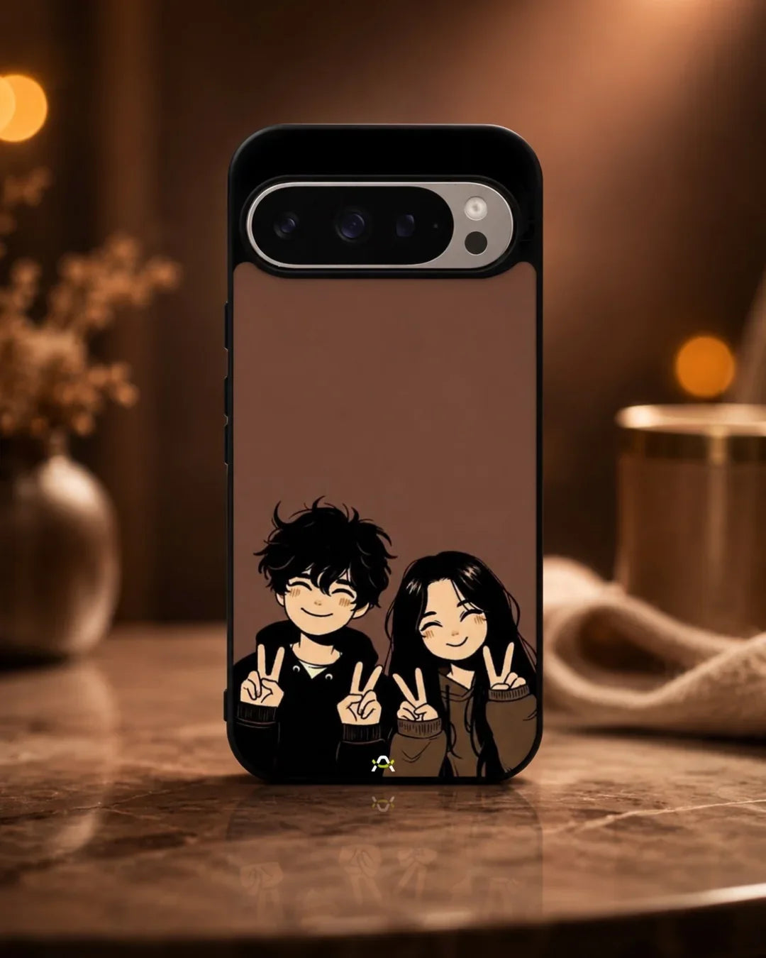 Couple Peace Sign Phone Case - Warm Brown Art Print for iPhone, Samsung, Pixel, OnePlus & Vivo