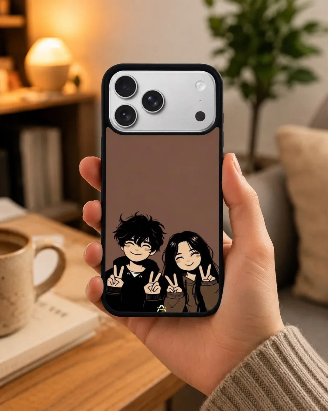 Couple Peace Sign Phone Case - Warm Brown Art Print for iPhone, Samsung, Pixel, OnePlus & Vivo