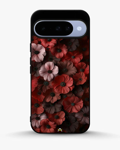 Crimson Floral Phone Case - Bold Botanical Print on Charcoal for iPhone, Samsung, Pixel, OnePlus & Vivo