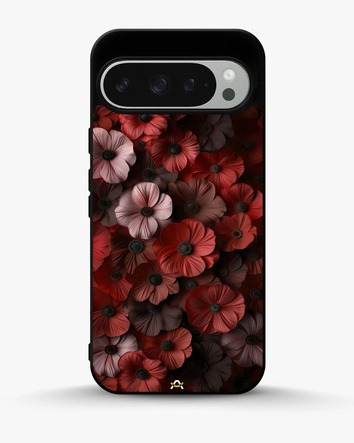 Crimson Floral Phone Case - Bold Botanical Print on Charcoal for iPhone, Samsung, Pixel, OnePlus & Vivo