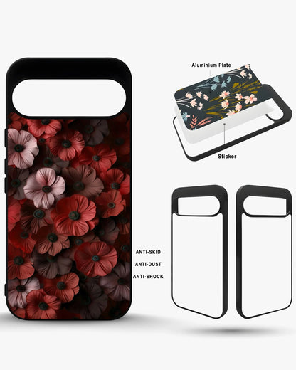 Crimson Floral Phone Case - Bold Botanical Print on Charcoal for iPhone, Samsung, Pixel, OnePlus & Vivo