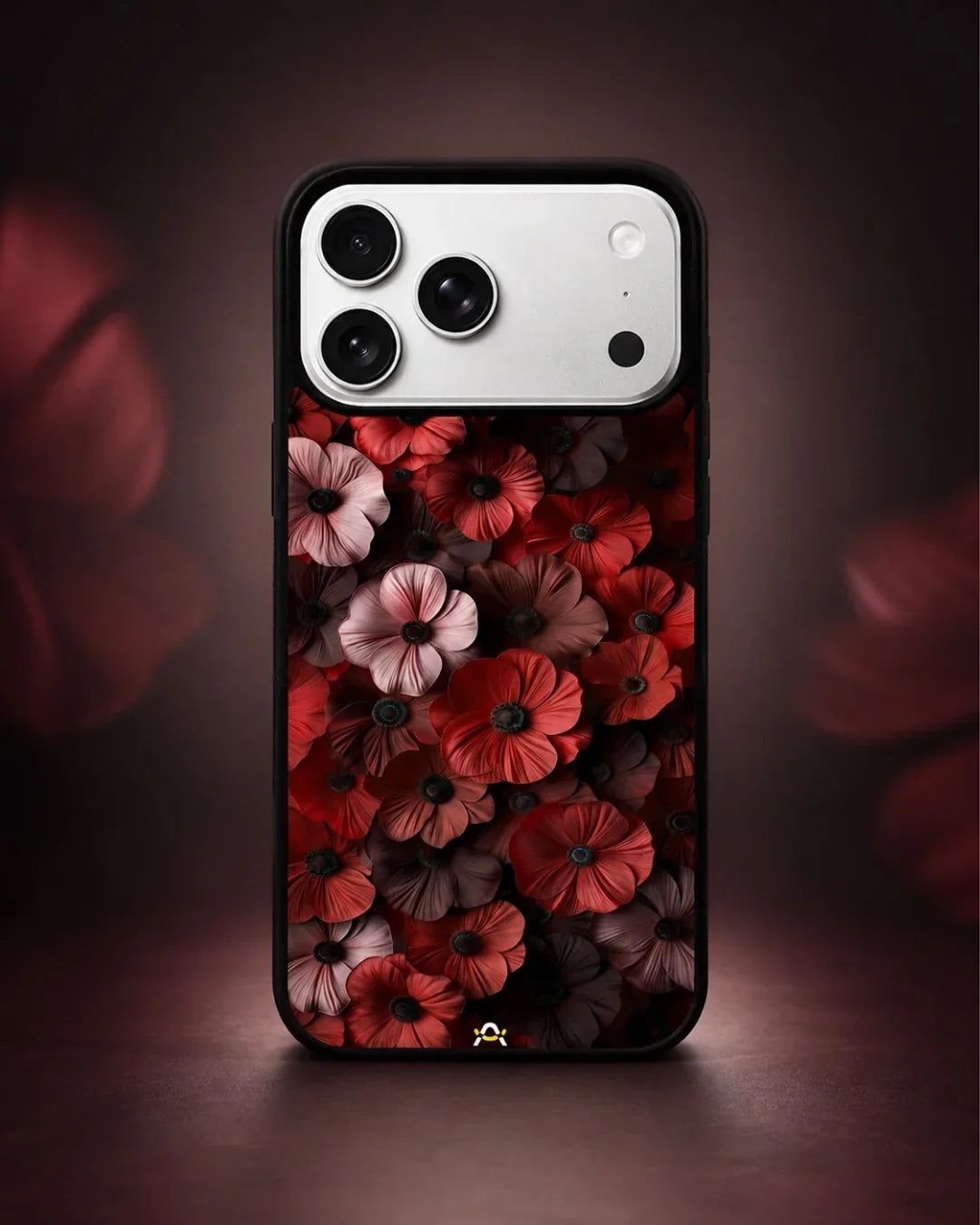 Crimson Floral Phone Case - Bold Botanical Print on Charcoal for iPhone, Samsung, Pixel, OnePlus & Vivo