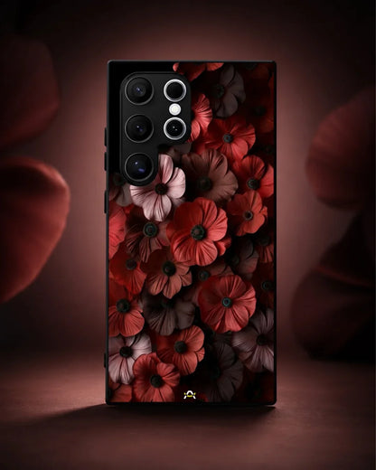 Crimson Floral Phone Case - Bold Botanical Print on Charcoal for iPhone, Samsung, Pixel, OnePlus & Vivo