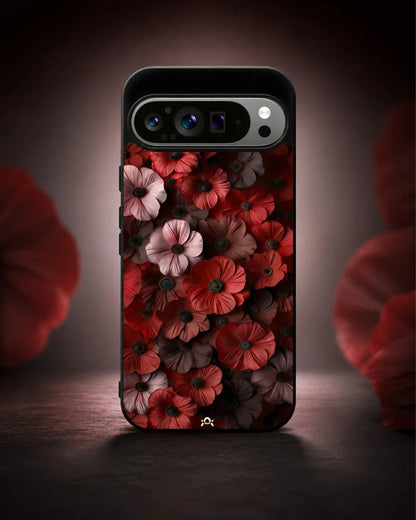 Crimson Floral Phone Case - Bold Botanical Print on Charcoal for iPhone, Samsung, Pixel, OnePlus & Vivo