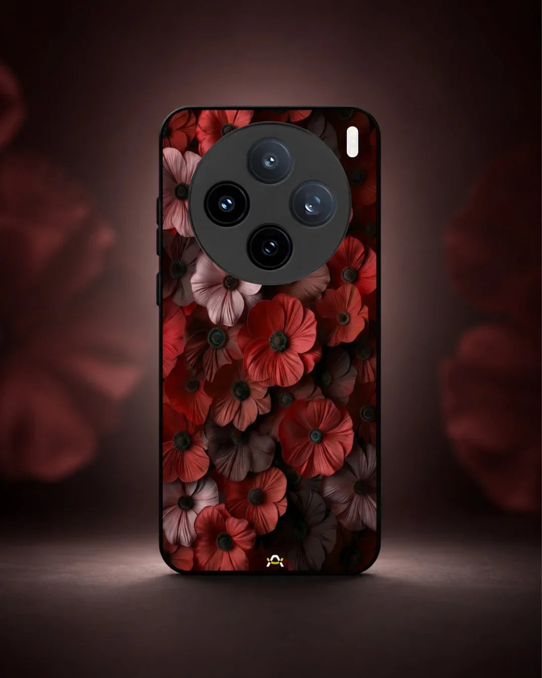 Crimson Floral Phone Case - Bold Botanical Print on Charcoal for iPhone, Samsung, Pixel, OnePlus & Vivo