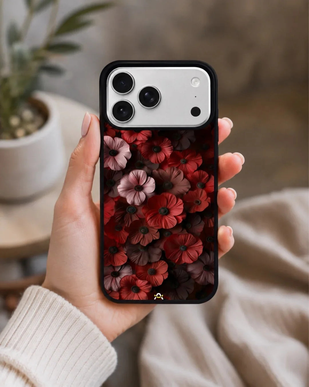 Crimson Floral Phone Case - Bold Botanical Print on Charcoal for iPhone, Samsung, Pixel, OnePlus & Vivo