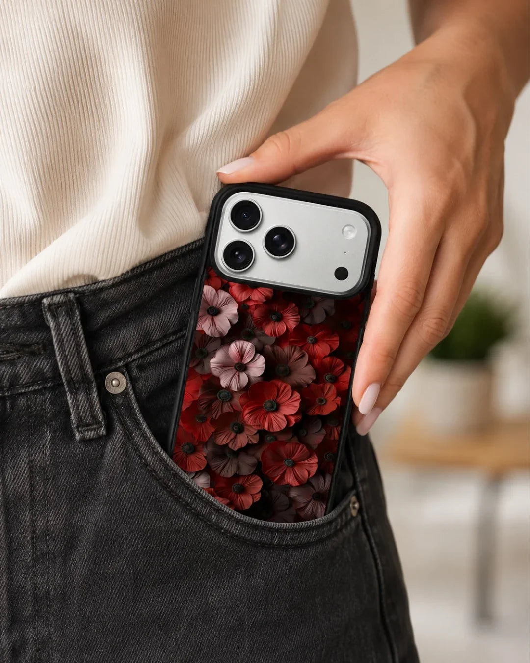 Crimson Floral Phone Case - Bold Botanical Print on Charcoal for iPhone, Samsung, Pixel, OnePlus & Vivo