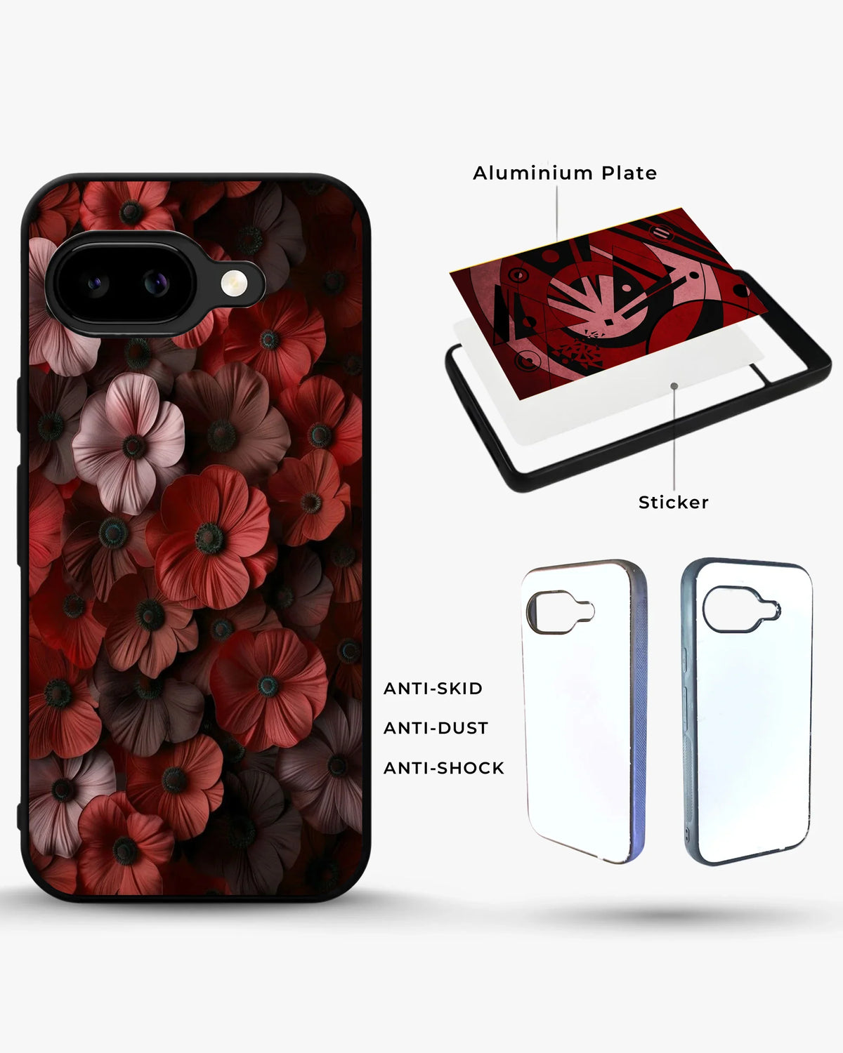 Crimson Floral Phone Case - Bold Botanical Print on Charcoal for iPhone, Samsung, Pixel, OnePlus & Vivo