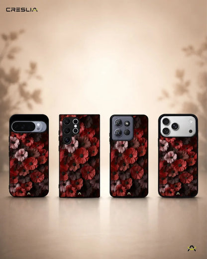 Crimson Floral Phone Case - Bold Botanical Print on Charcoal for iPhone, Samsung, Pixel, OnePlus & Vivo