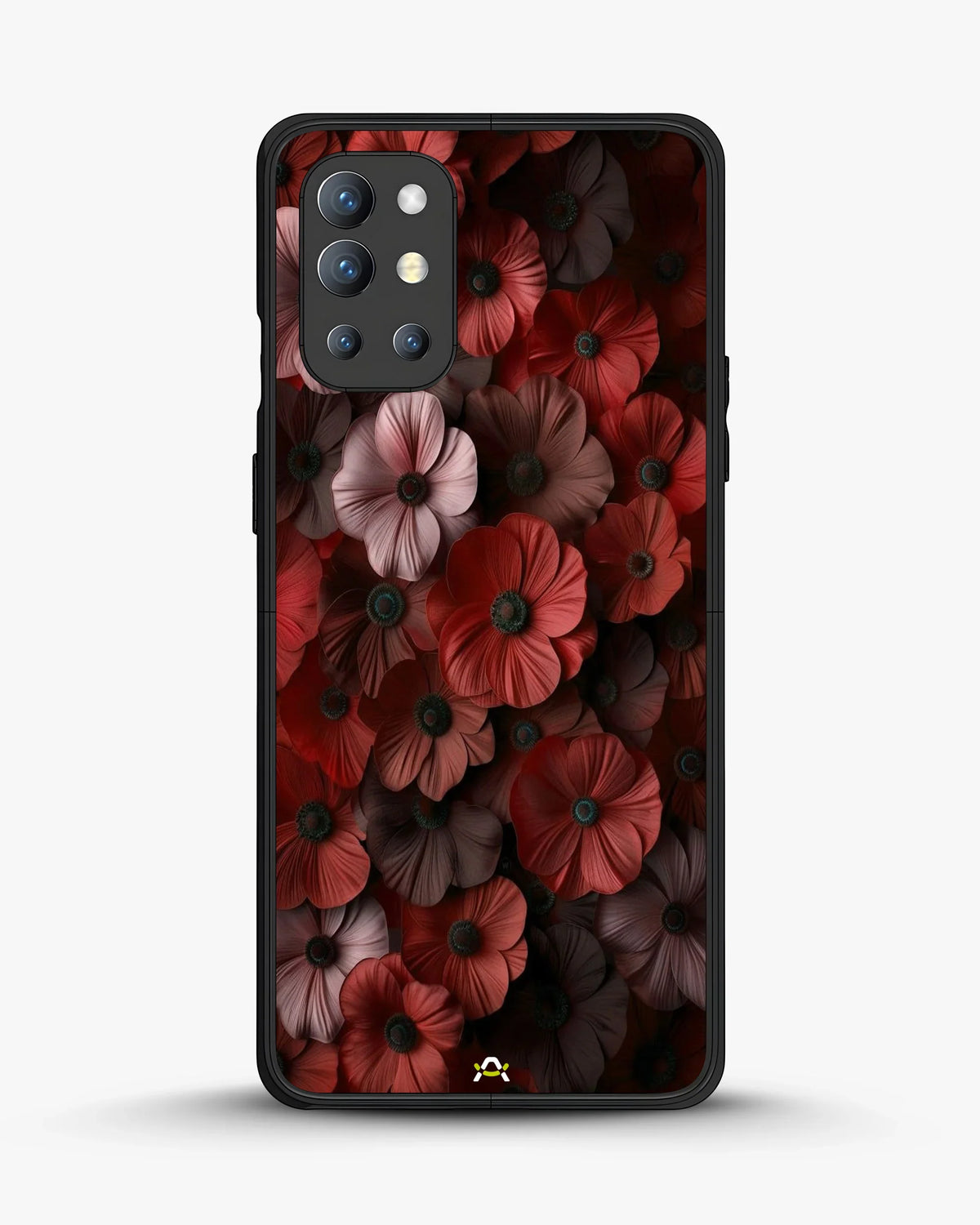 Crimson Floral Phone Case - Bold Botanical Print on Charcoal for iPhone, Samsung, Pixel, OnePlus & Vivo