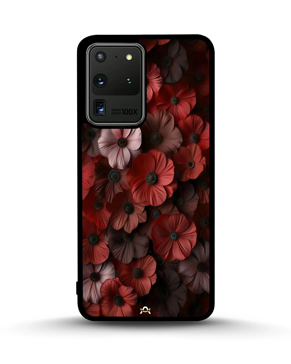 Crimson Floral Phone Case - Bold Botanical Print on Charcoal for iPhone, Samsung, Pixel, OnePlus & Vivo