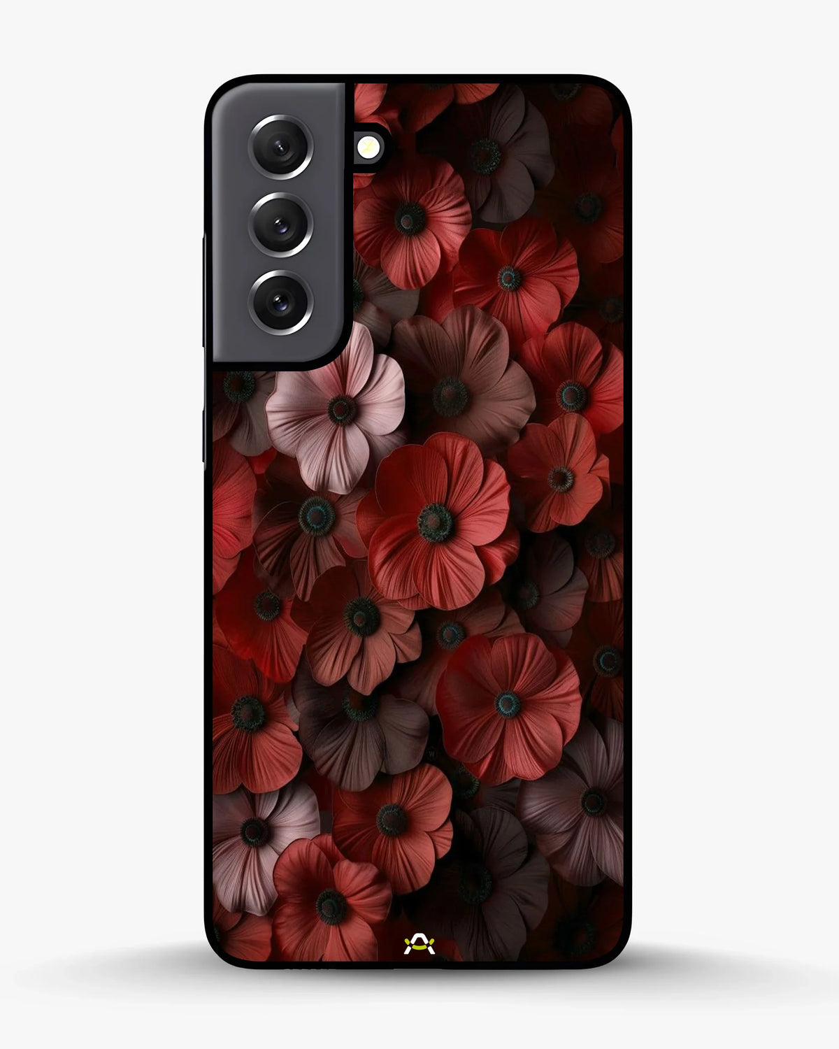 Crimson Floral Phone Case - Bold Botanical Print on Charcoal for iPhone, Samsung, Pixel, OnePlus & Vivo
