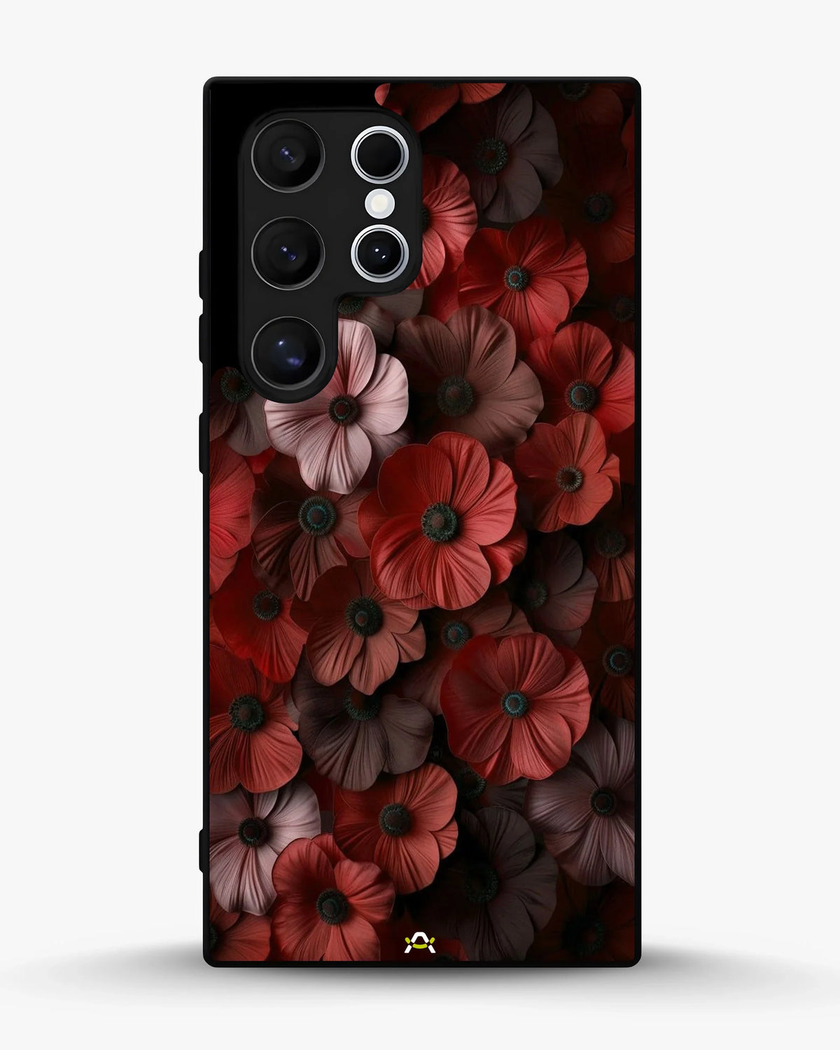 Crimson Floral Phone Case - Bold Botanical Print on Charcoal for iPhone, Samsung, Pixel, OnePlus & Vivo