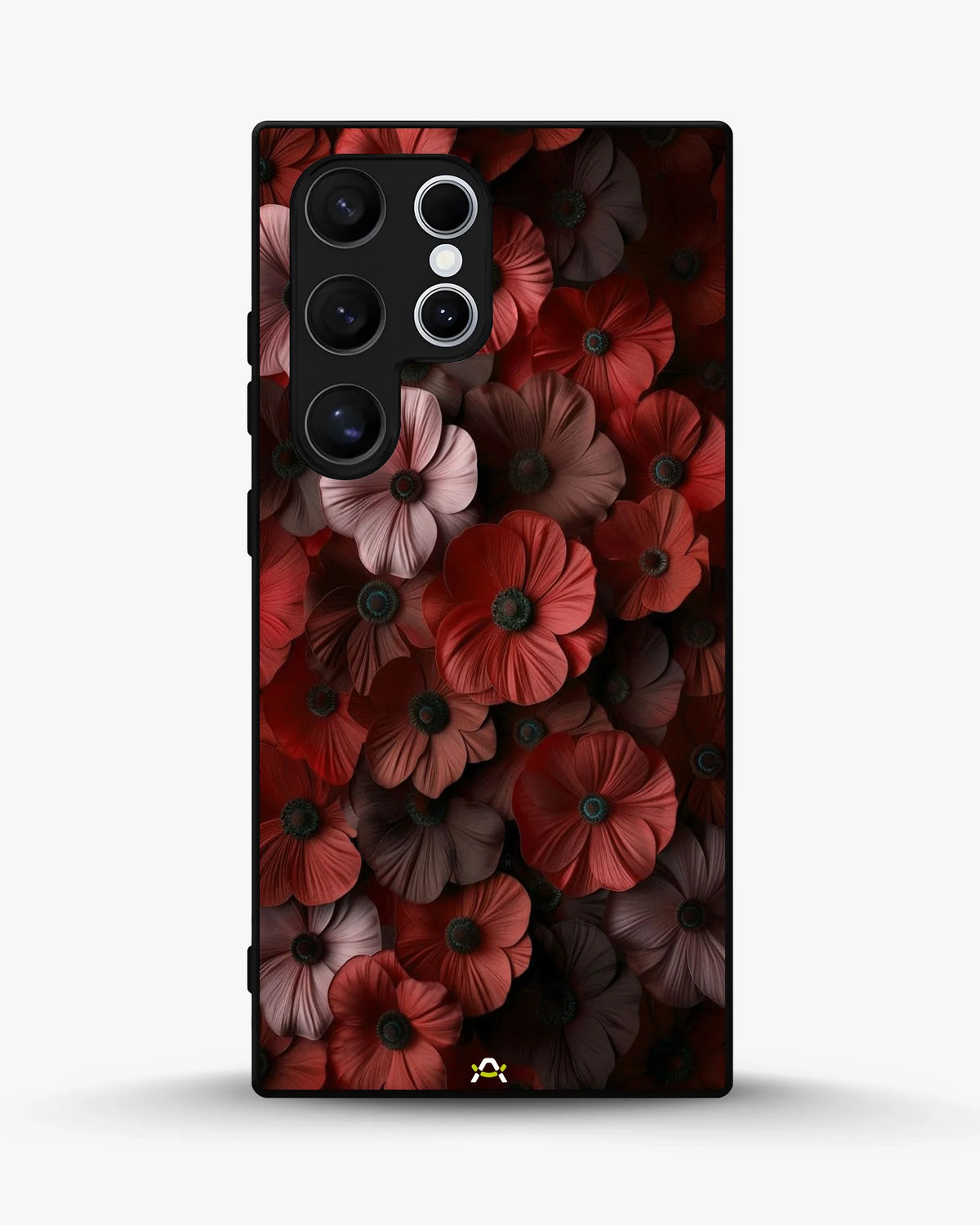 Crimson Floral Phone Case - Bold Botanical Print on Charcoal for iPhone, Samsung, Pixel, OnePlus & Vivo