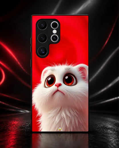 Fluffy White Cat Phone Case - Cute Red Background Print for iPhone, Samsung, Pixel, OnePlus & Vivo
